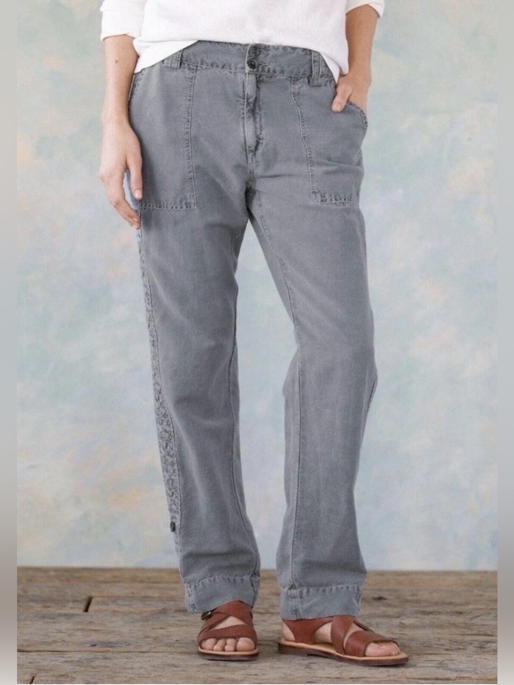 Sundance Organia Linen Cotton Lace Trim Pants | Size 14 | Army Green